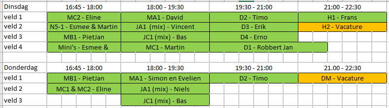 Trainingstijden 2022-2023
