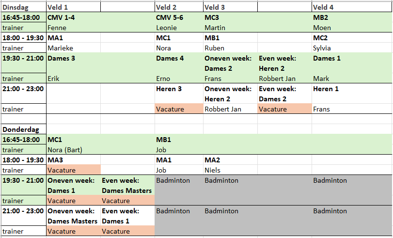 Trainingsschema seizoen 2026/2027